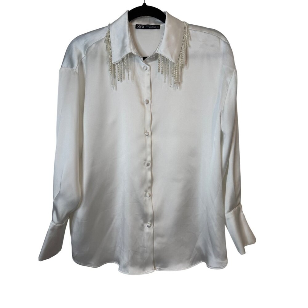 2/$30 Zara XS White Satin Blouse Dangling Pearl Fringe Collar